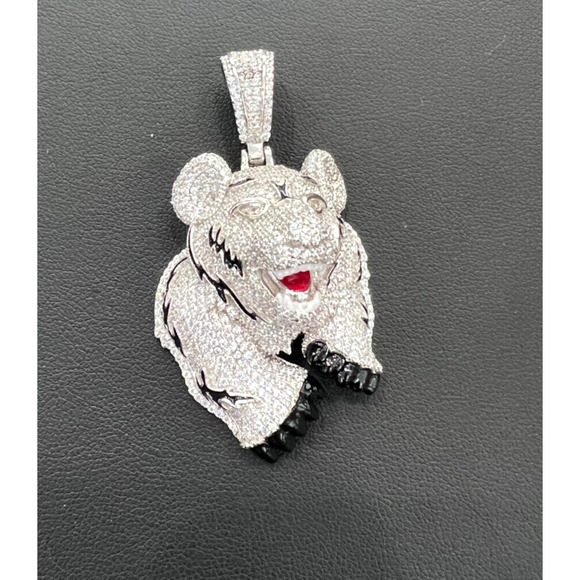Tiger Head Face Charm 925 Sterling Silver Round Pendant CZ 2.2" - Picture 2 of 4